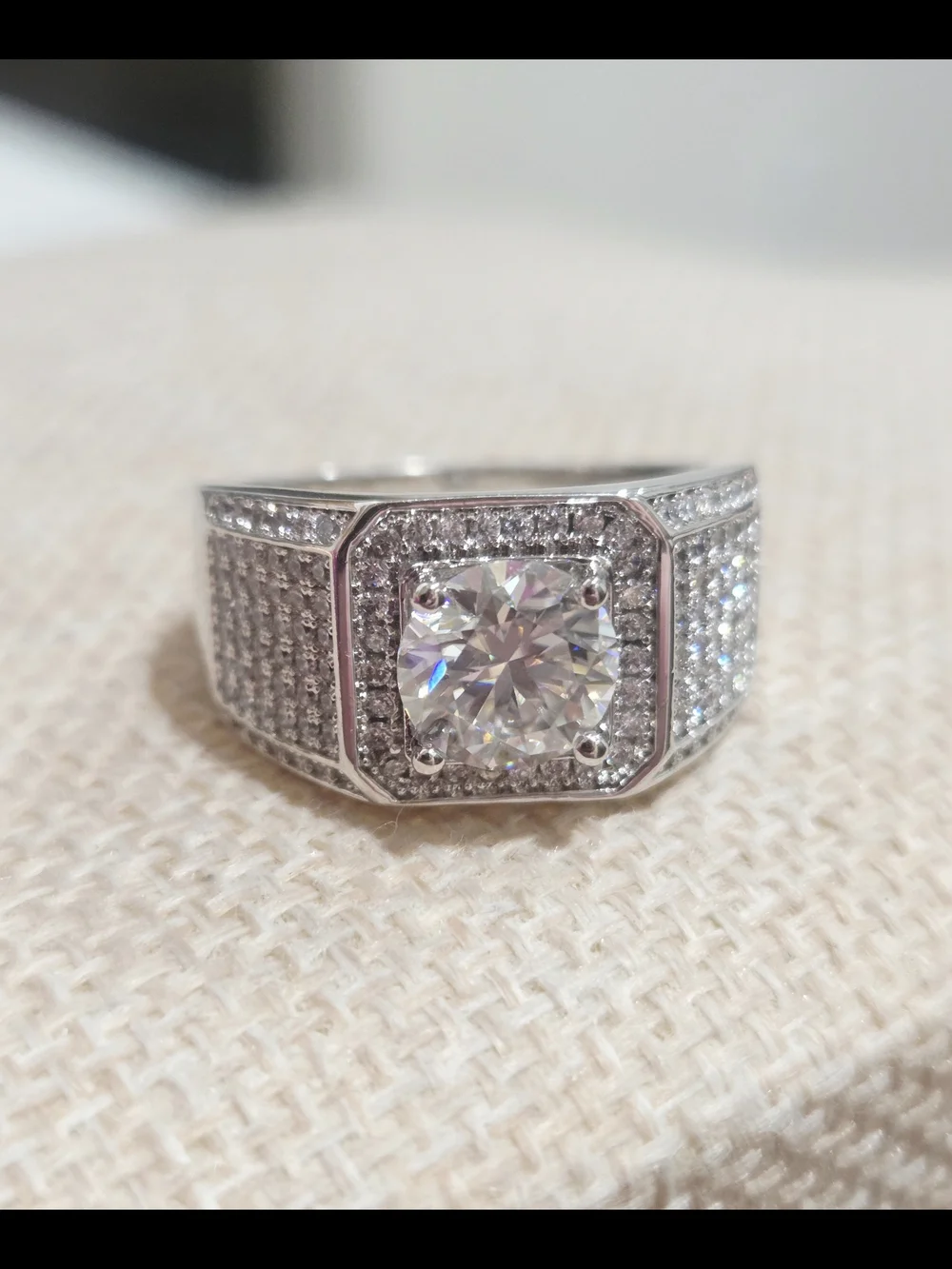 Pave Men's Statement Ring with Center Round Moissanite Stone